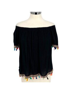 Speed Limit Fiesta Boho Off-The-Shoulder Black Blouse Multicolor Tassels Size XL